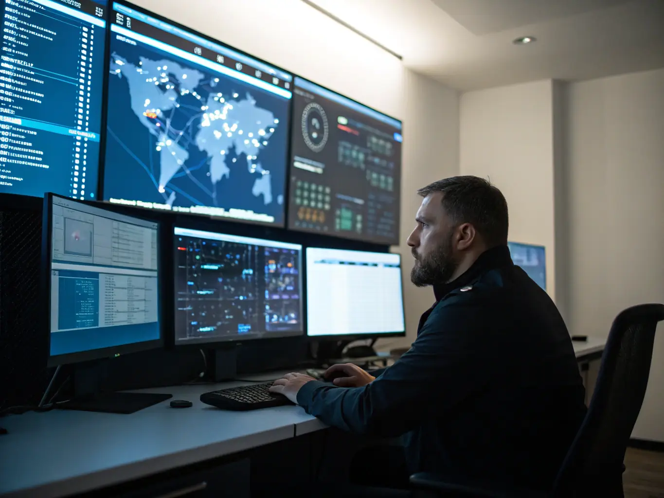 A cybersecurity analyst using specialized OSINT software to track and analyze global network traffic, with a world map in the background highlighting potential cyber threats and data breaches, in a CyberLab's threat intelligence lab.