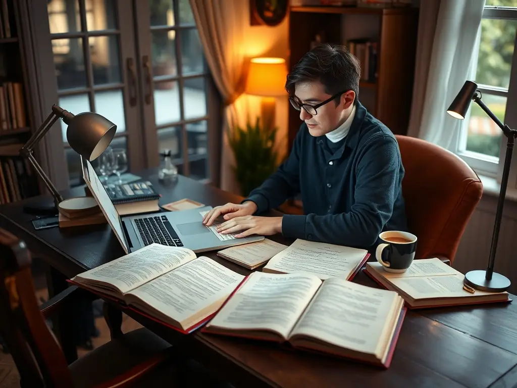 An image of a person studying with a laptop and a book on a desk, with a cup of coffee nearby, symbolizing focused study and preparation for cybersecurity certifications.