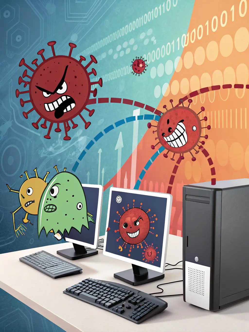 A digital virus spreading across a network, representing malware analysis and defense.