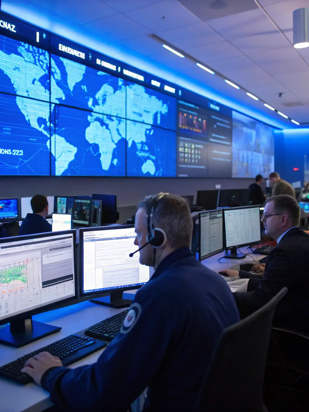 A high-resolution image depicting a security operations center (SOC) filled with monitors displaying complex network graphs and threat alerts, with a sense of urgency and tension in the air.