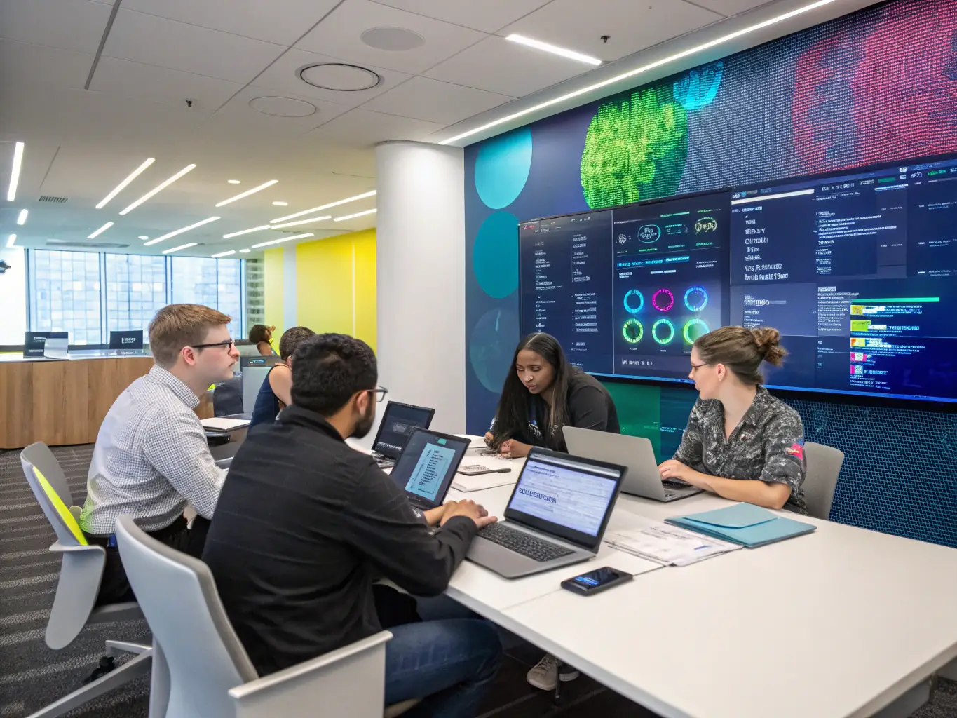 A digital illustration of a diverse group of cybersecurity students collaborating on a project in a virtual lab environment, showcasing CyberLab's collaborative learning approach.