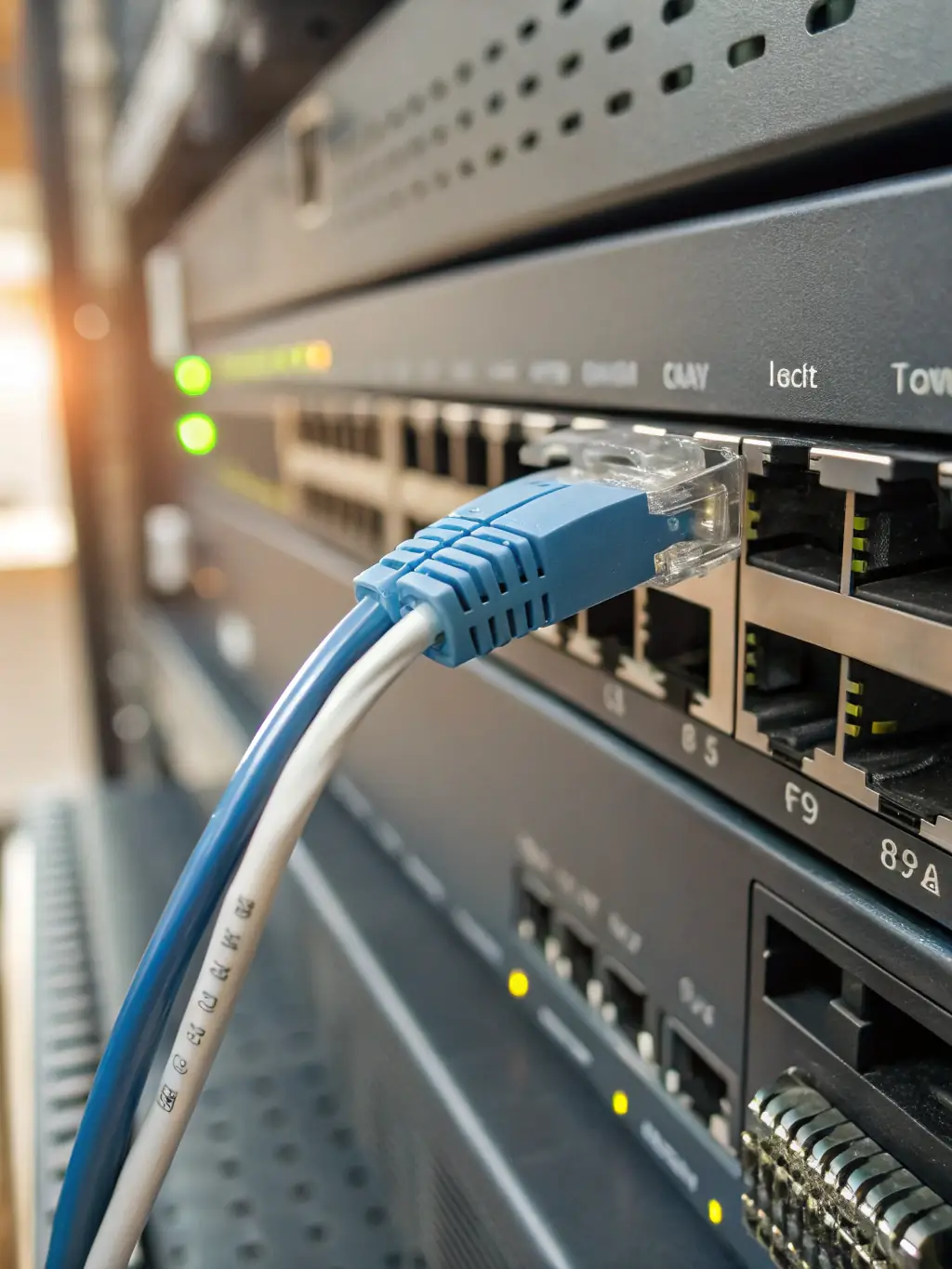A network cable plugged into a server rack, symbolizing network protocols and infrastructure.