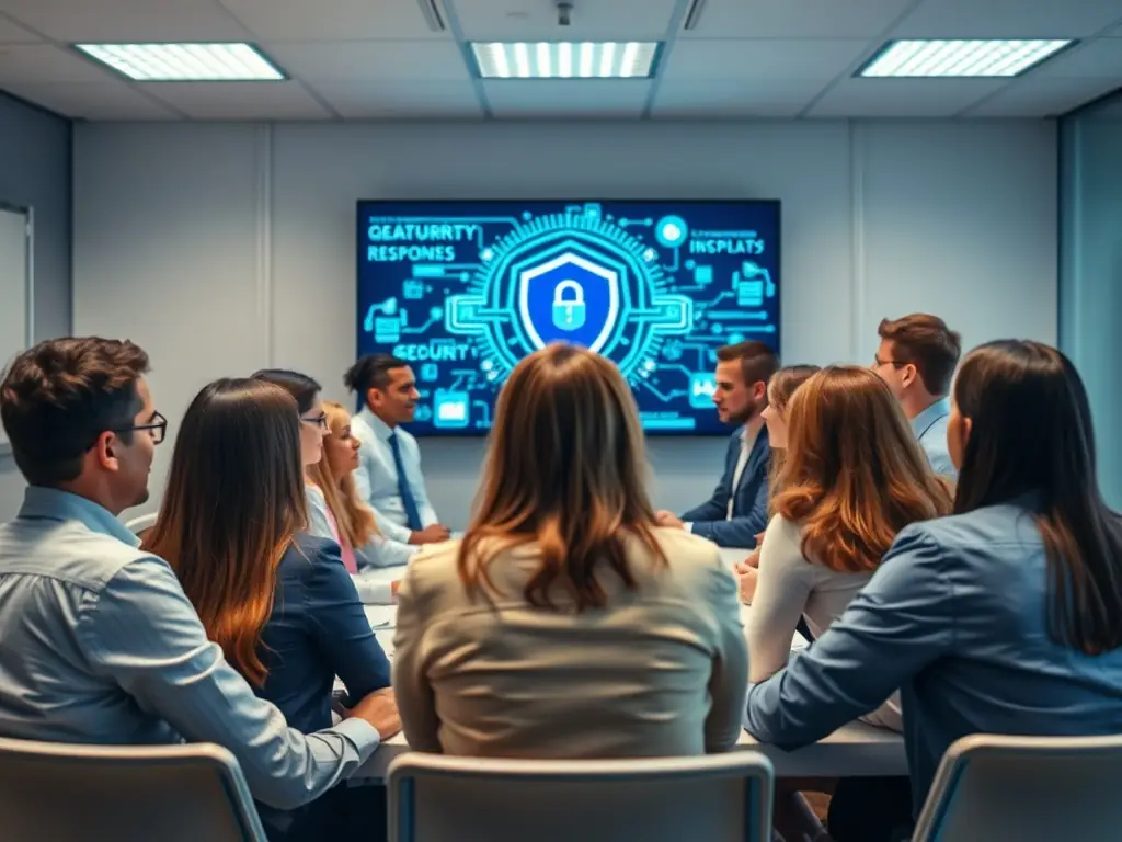 A senior cybersecurity expert presenting findings on a large screen to a team, showcasing incident response strategies and data breach prevention techniques.
