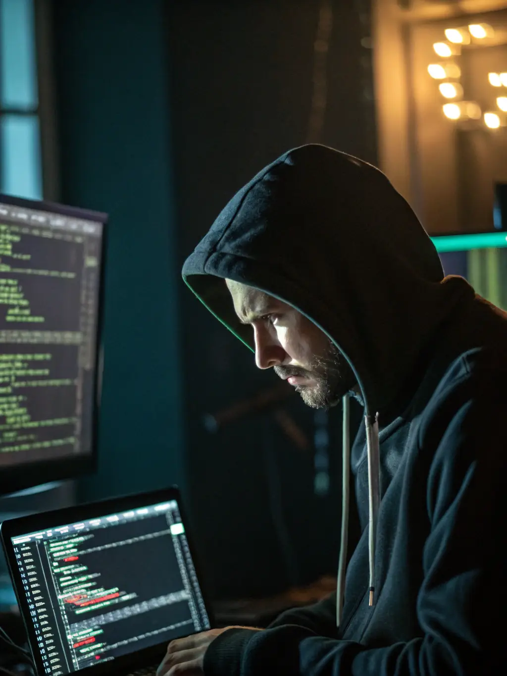 A hacker silhouette in a digital environment, illustrating penetration testing and ethical hacking.